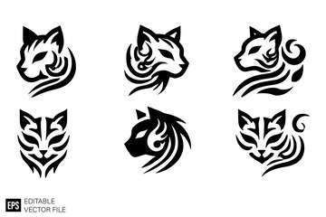 set of tribal flame cat head tattoo Graphic Design Elements Vector Silhouette Clip Art Black and White  Illustrations