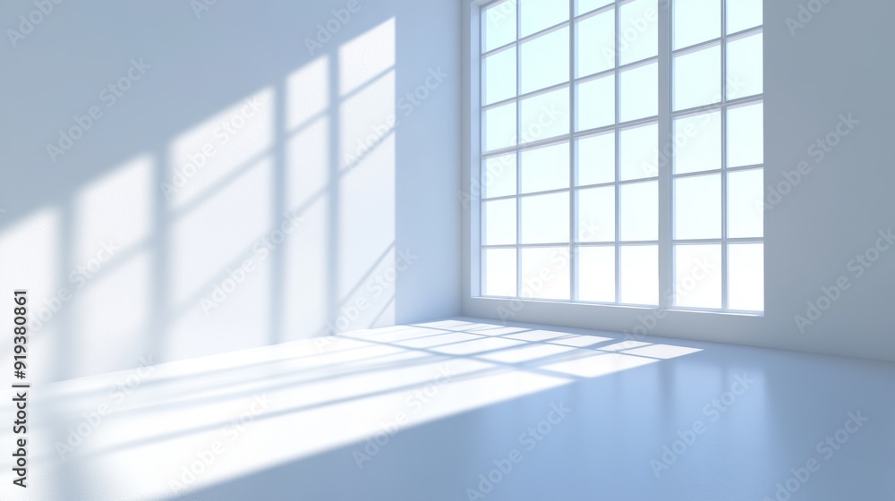Poster presentation of a product on a white background illuminated by abstract light from a window