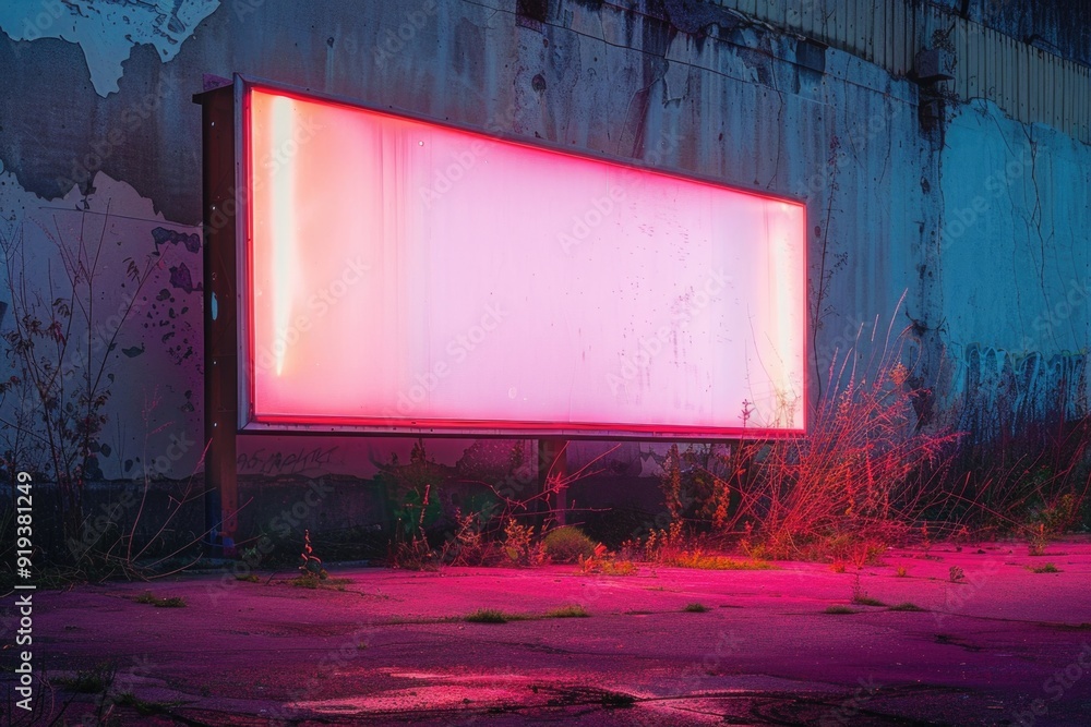 Poster an empty billboard lit up in the dark night with city lights and stars shining in the background