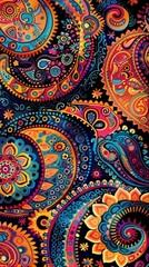 Colorful paisley patterns swirl together in a captivating design with deep black as the backdrop
