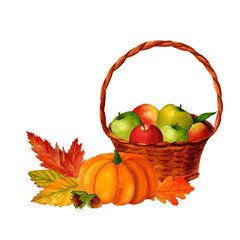 Pumpkin, apple pie and autumn leaves clip art, watercolor realistic botanical illustration, for invitations, cards for the autumn holidays Thanksgiving, Halloween, harvest festival, farmer's market
