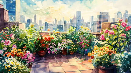 Obraz premium Lush watercolor of a rooftop garden, vibrant flowers, lush greenery, cityscape backdrop, soft sunlight ,Ultra-High Detail, Ultra-Realistic
