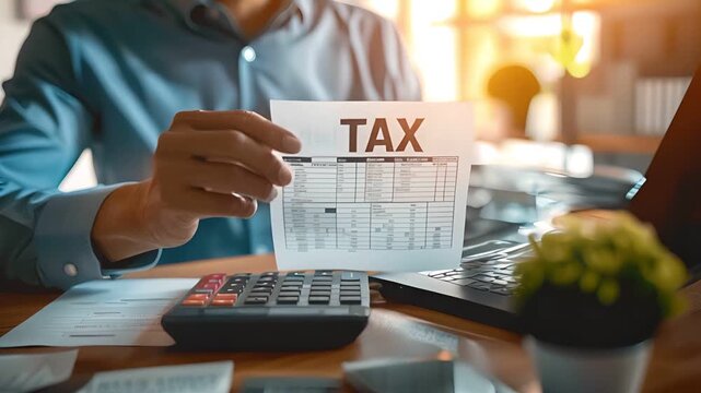A businessman reviewing tax documents at his desk.