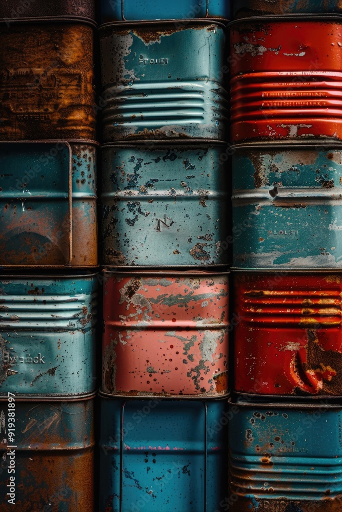 Poster a high-angle view of stacked metal drums with labels and markings