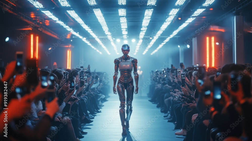 Poster A robot walks down a runway in front of a crowd of people taking pictures