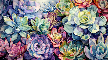 Lush watercolor of a succulent garden, vibrant echeveria, aloe, agave, soft sunlight ,Ultra-High Detail, Ultra-Realistic