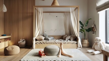 Kids room interior in contemporary, Scandinavian style. Wooden bed, sofa and toys. Cozy room for child