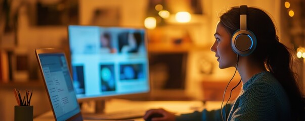 A student wearing headphones, deeply engaged and focused while working on a computer in a cozy, softly lit environment.