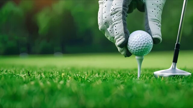 A gloved hand places a golf ball on a tee, ready to tee off on a green course.