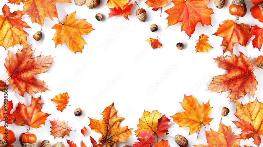 Canvas Prints A beautiful arrangement of autumn leaves and acorns in a frame shape on a white background, symbolizing the changing seasons, harvest time, nature's beauty, and the warmth of fall.