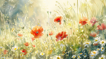 Lush watercolor of a wildflower meadow, vibrant poppies, daisies, tall grasses, gentle sunlight
