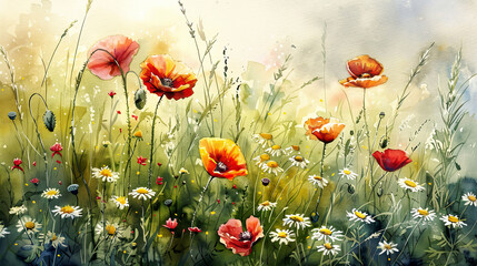 Obraz premium Lush watercolor of a wildflower meadow, vibrant poppies, daisies, tall grasses, gentle sunlight