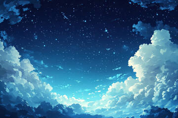 Beautiful night sky with stars and white clouds in anime style