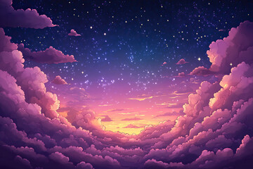 Beautiful night sky with stars and white clouds in anime style