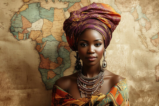 Beautiful African woman with head wrap and large earrings against a map background