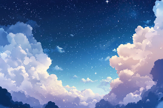 Beautiful night sky with stars and white clouds in anime style