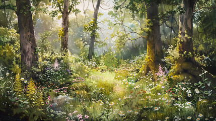 Naklejka premium Lush watercolor of a woodland garden, wildflowers, moss-covered trees, soft sunlight ,Ultra-High Detail, Ultra-Realistic