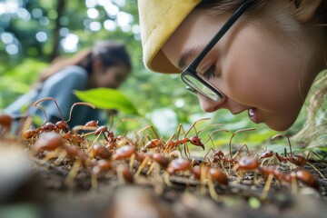 A child closely observing and studying a group of ants in a natural outdoor setting.