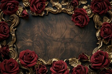 Vintage  luxury golden frame made of red burgundy roses with blank space in the Middle. Generative Ai