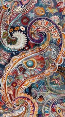 An elaborate paisley pattern featuring colorful floral designs and abstract shapes on textile