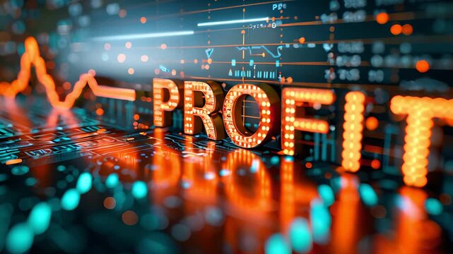 The word "PROFIT" in glowing lights against a background of data and a financial chart.  A stock market concept.
