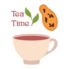 Inscription Tea time, cup with tea and cookies with chocolate. Vector illustration of tea leaf and tea utensils