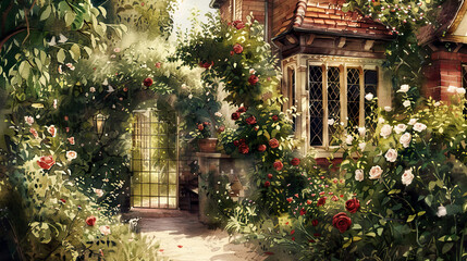 Picturesque watercolor of an English cottage garden, lush greenery, roses in full bloom, ivy-covered trellis, golden hour light