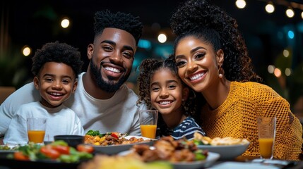 Fototapeta premium A happy Black family smiles for a photo while enjoying a meal together.