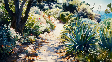 Obraz premium Realistic watercolor of a coastal garden, blooming seaside plants, sandy beach, bright morning light ,Ultra-High Detail, Ultra-Realistic