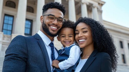 Fototapeta premium A happy family of three poses in front of a government building. The father wears a suit and tie, the mother a blazer, and their son is dressed in a button-down shirt.