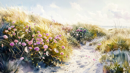 Realistic watercolor of a coastal garden, sea thrift, sandy dunes, gentle sunlight ,Ultra-High Detail, Ultra-Realistic