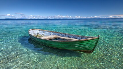 Fototapeta premium A tiny green vessel bobbing atop azure waters beside a sparkling blue coastline