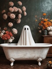 Ghost in bathtub painting generative AI illustration