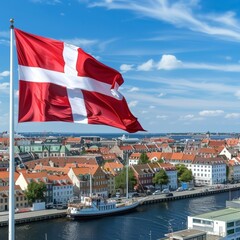 A Danish flag against the background of the old town on a sunny day