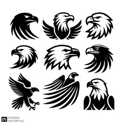 Obraz premium set of eagle head Clip Art Black and White Illustrations Graphic Design Elements Vector Silhouette