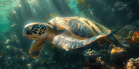 Obraz premium Sea Turtle Swimming in Sunlit Waters