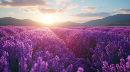 A field of blooming lavender stretching to the horizon under a clear blue sky, with soft sunlight casting a warm glow over the scene.