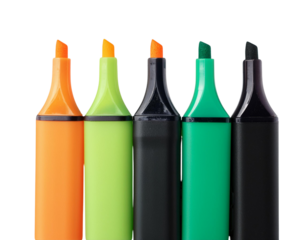 Vibrant highlighters lined up in a row, showcasing bold colors perfect for marking, drawing, or creative projects.