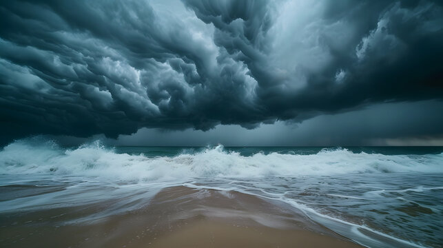 A dramatic storm rolling in over the Atlantic, with dark clouds gathering and powerful waves crashing against the shore.