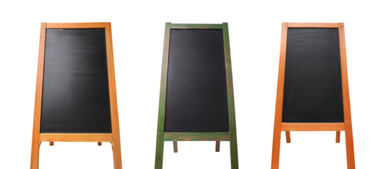 Three wooden chalkboards in different colors, perfect for cafes, restaurants, or events to display menus or messages creatively.