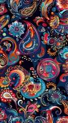 Naklejka premium A vibrant paisley design with intricate floral elements on a rich dark backdrop
