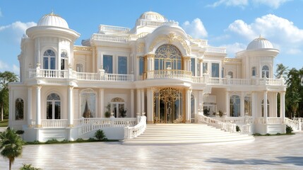 Fototapeta premium An opulent hotel entrance with grand architecture, adorned in black metalwork and gold accents, welcomes guests amid vibrant landscaping