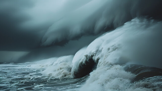 A dramatic storm rolling in over the Atlantic, with dark clouds gathering and powerful waves crashing against the shore.