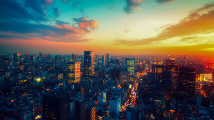 Obraz premium A city skyline at sunset with a warm orange and pink sky