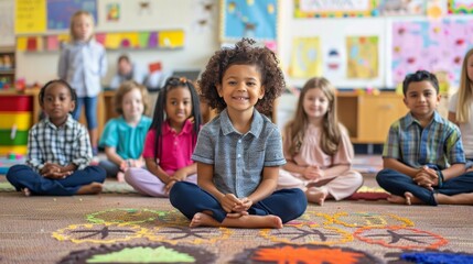 Kindergartners sitting happily on carpet in classroom