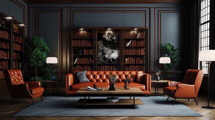 Modern study room with leather or fabric cover. Sitting groups for guests. Armchairs for office.