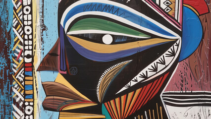 Obraz premium Zulu Zenith - abstract, art, colorful, face, African, pattern, geometric, mask, cultural, modern art, portrait, tribal, traditional, canvas, painting, design