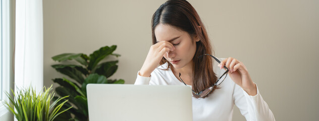 Eye problem concept, fatigue asian young woman tired eyes, irritated rubbing eye dry relief vision...