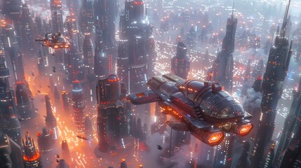Futuristic Cityscape with Spaceships