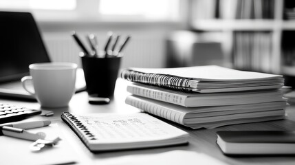 Naklejka premium Clean corporate table, neatly stacked notebooks and clips, cool and professional, black and white, high contrast photography